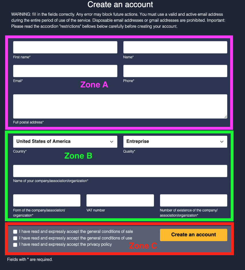 create an account: the different information zones