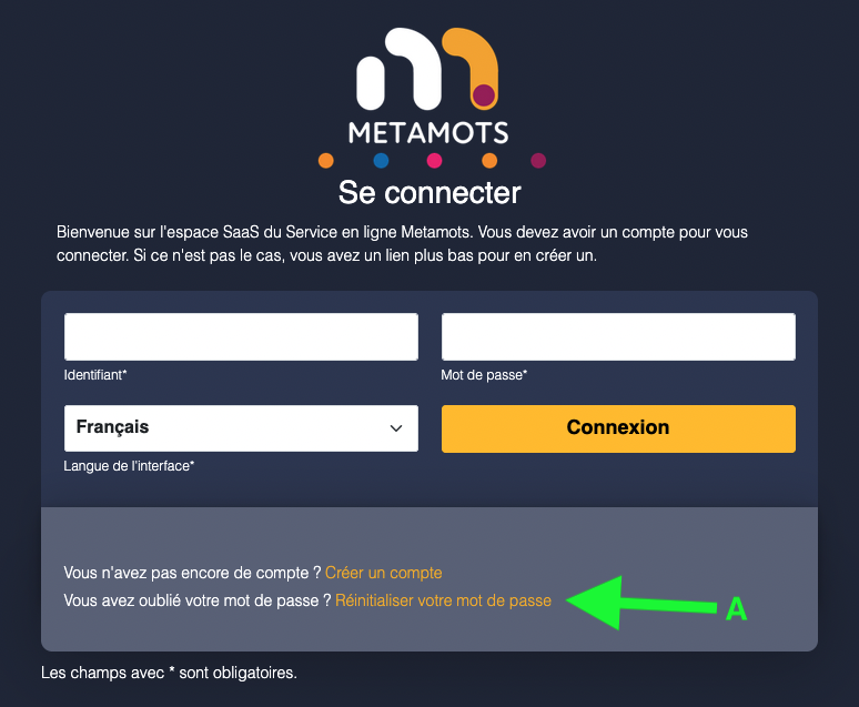 Lien vers la demande de re-création du mot de passe