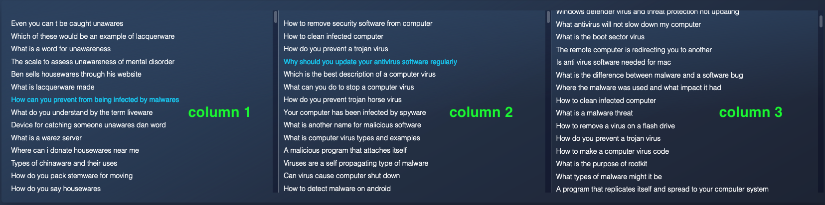 three columns of the view tree